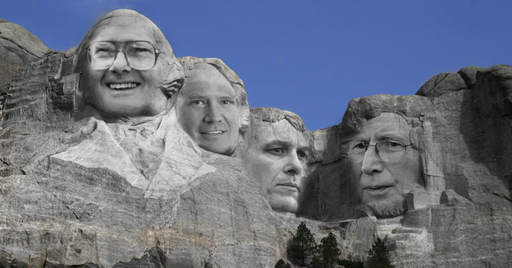 mount rushmore photograph with lamar hunt, bill self, dayton moore, bill snyder